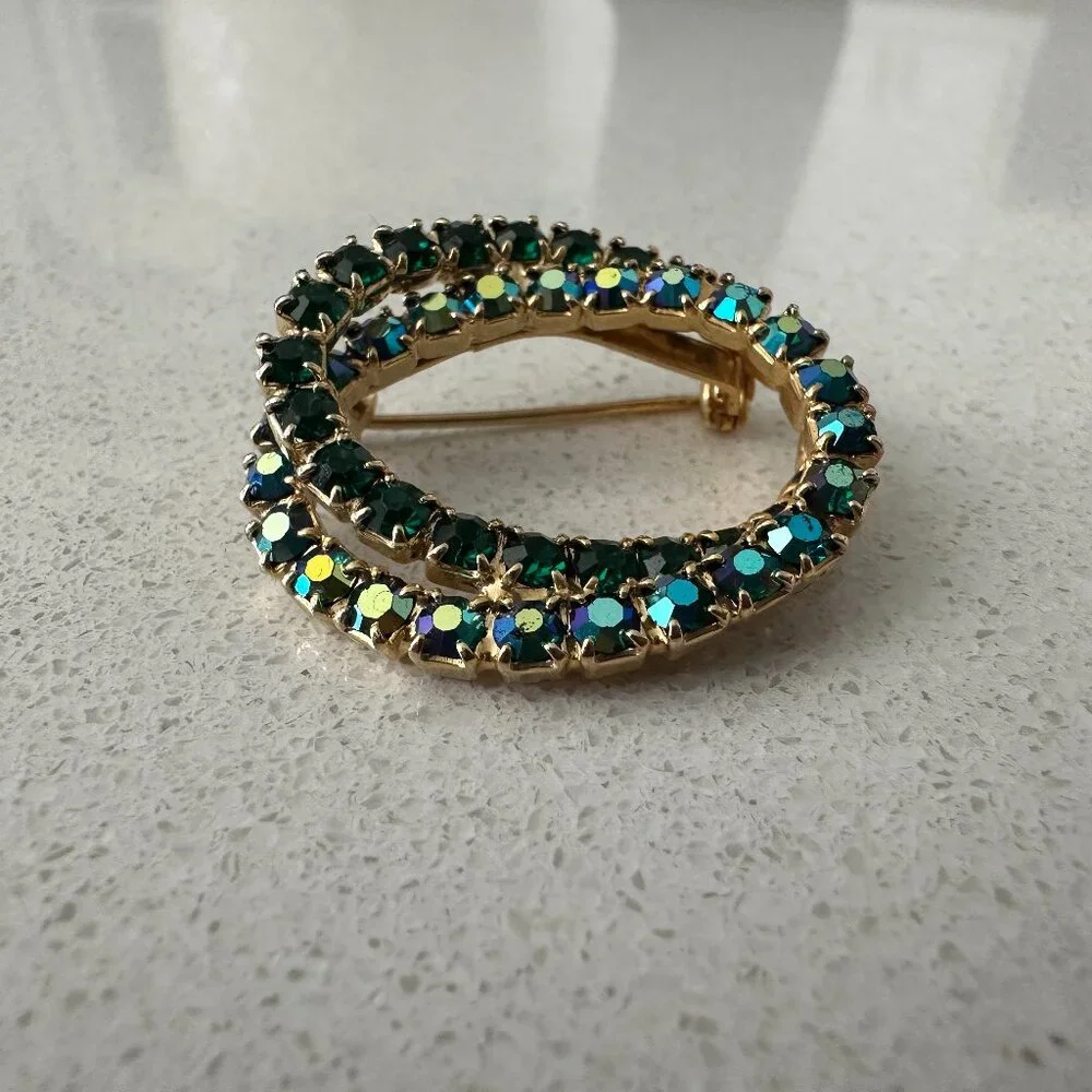 Gold-Tone Green Crystal Double Circle Brooch